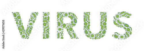 Green germs / bacteria spelling the word virus - Vector illustration