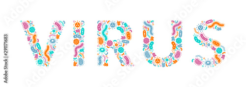 green, orange, blue, purple germs / bacteria spelling the word virus - Vector illustration