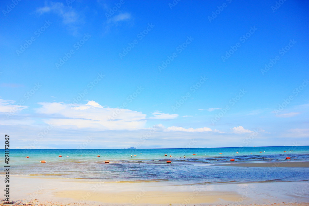 Beautiful sea on blue sky over calm sea with sunlight . Sunny sky and calm blue ocean.Sai keaw beach chonburi Thailand.