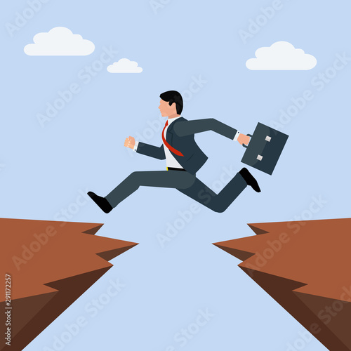 Man in business suit jumps from one rocky cliff to another, overcoming obstacles in business vector concept © Adel