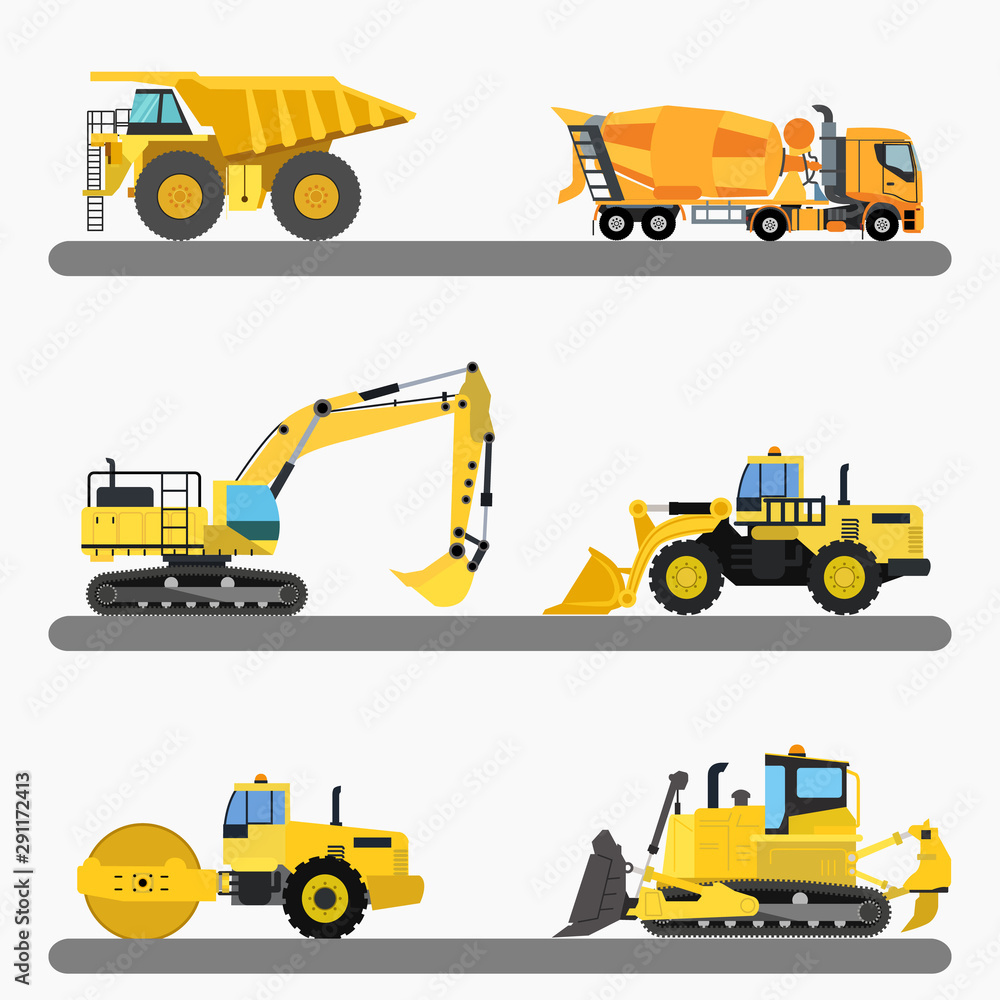 Set of industrial heavy machinery, construction machines vector Set of industrial heavy machinery, construction machines vector