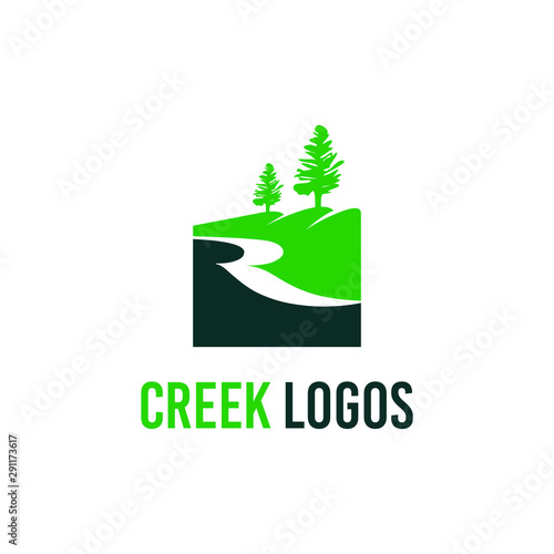 river creek logo simple green modern square tree hill design template 