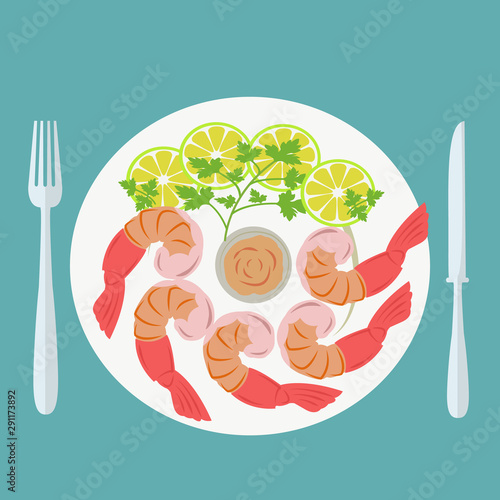 ector illustration of prawns on plate with garnish