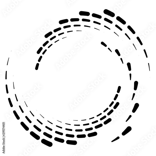 Segmented circle with rotation.Circular and radial Dashed lines volute, helix. Abstract concentric circle.Spiral, swirl, twirl element.   Radiating arc lines. Geometric cochlear, vortex illustration