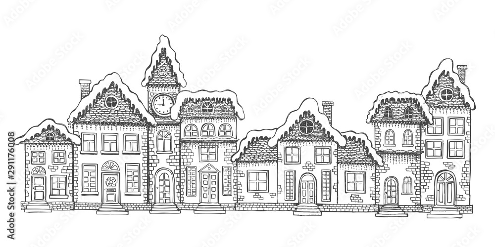 vIllustration of houses. Christmas Greeting card. Set of hand drawn buildings.