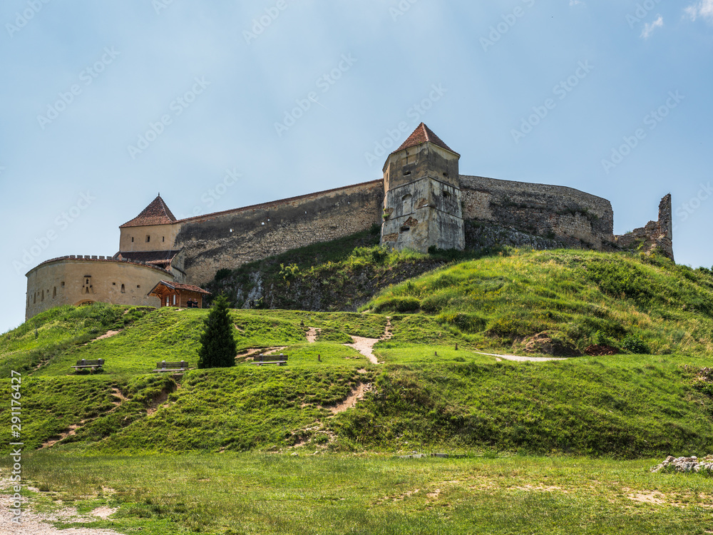 View of Rasnov Fortress in Brasov County, Transylvania, Romania.
