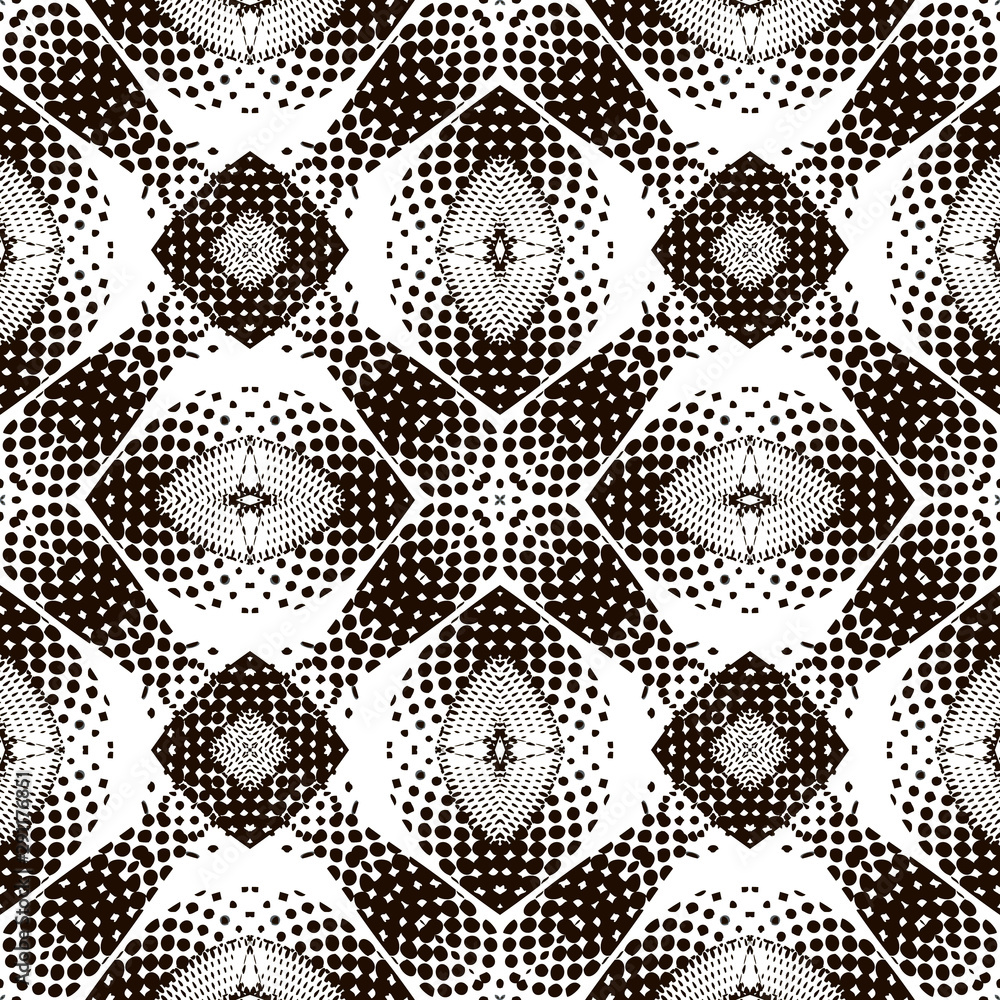 Dotted black and white geometric seamless pattern. Vector monochrome ornamental halftone background. Abstract repeat backdrop with dots, circles, rhombus, shapes. Half tone tribal isolated ornament.