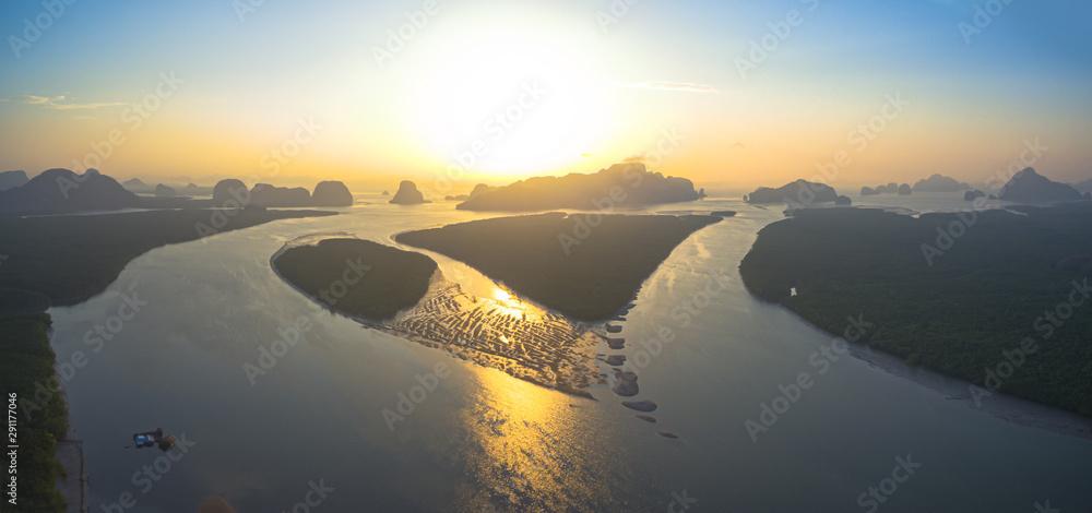 Fototapeta premium aerial view archipelago in Phang Nga gulf in the morning