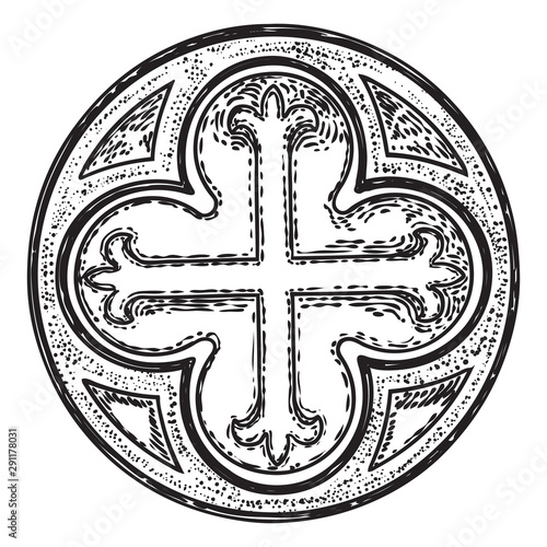 Circular decorative Christian religion cross design. Religious circle crucifixion symbol carved in marble stone. Vector.