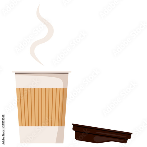 Isolated on white background disposable kraft brown, white paper open hot coffee cup,lies nearby cap icon, front view