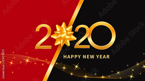 Happy New Year 2020 typographical creative background with golden ribbon bow and gold glitter sparkles