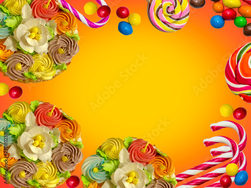 Frame made of cakes and sweets on a colored background.