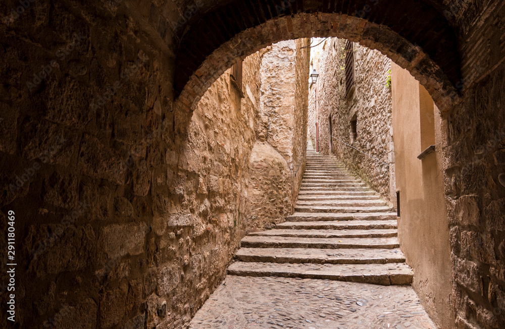 Obraz premium Historic center and Jewish quarter of Girona (Spain), one of the best preserved neighborhoods in Spain and Europe.