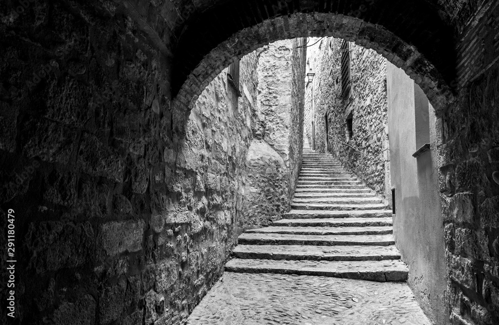 Obraz premium Historic center and Jewish quarter of Girona (Spain), one of the best preserved neighborhoods in Spain and Europe.