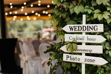 Sign for guests to help them to find the place of wedding, photo zone, cocktails, ceremony made from wood