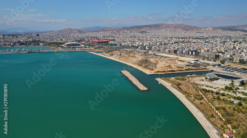 Aerial drone photo of iconic marina and bay of Faliron or Phaliro in Athens seaside riviera, Attica, Greece