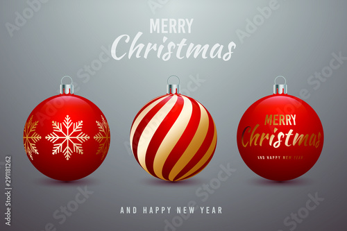 Vector New Year's toys. Set of red Christmas balls with gold ornament.