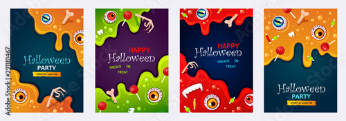 Set of Halloween poster, banner or flyer templates. Slime background. Isolated cards. Flowing witch brew. Cartoon colorful illustration. Candies. EPS 10 vector