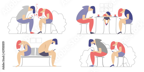 Men and women use smartphones to communicate. Internet addiction concept. People and gadgets. Parents surf the Internet at home without personal contact. Vector illustration in a flat style -