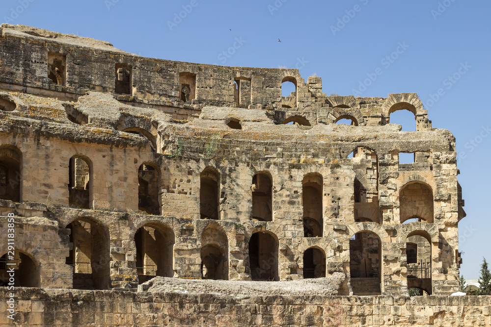 Impressive ancient Roman amphitheater El Jem in Tunisia, Africa,  World Heritage Site, one of the biggest in the world still standing after recent terrorist attack 