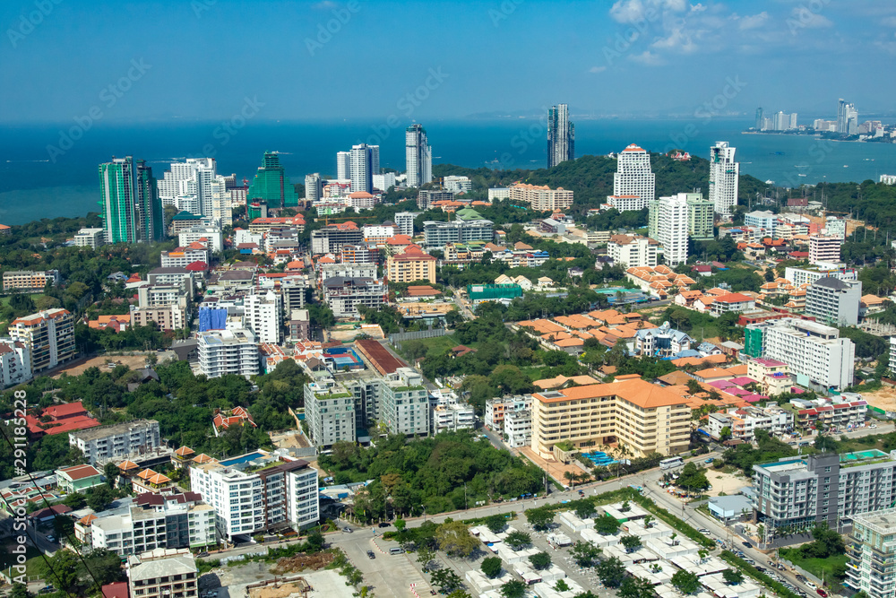 Panoramic view of Thailand from a height. Pattaya city on a summer day. Vacation in Thailand. The Architecture Of Pattaya. City by the sea.