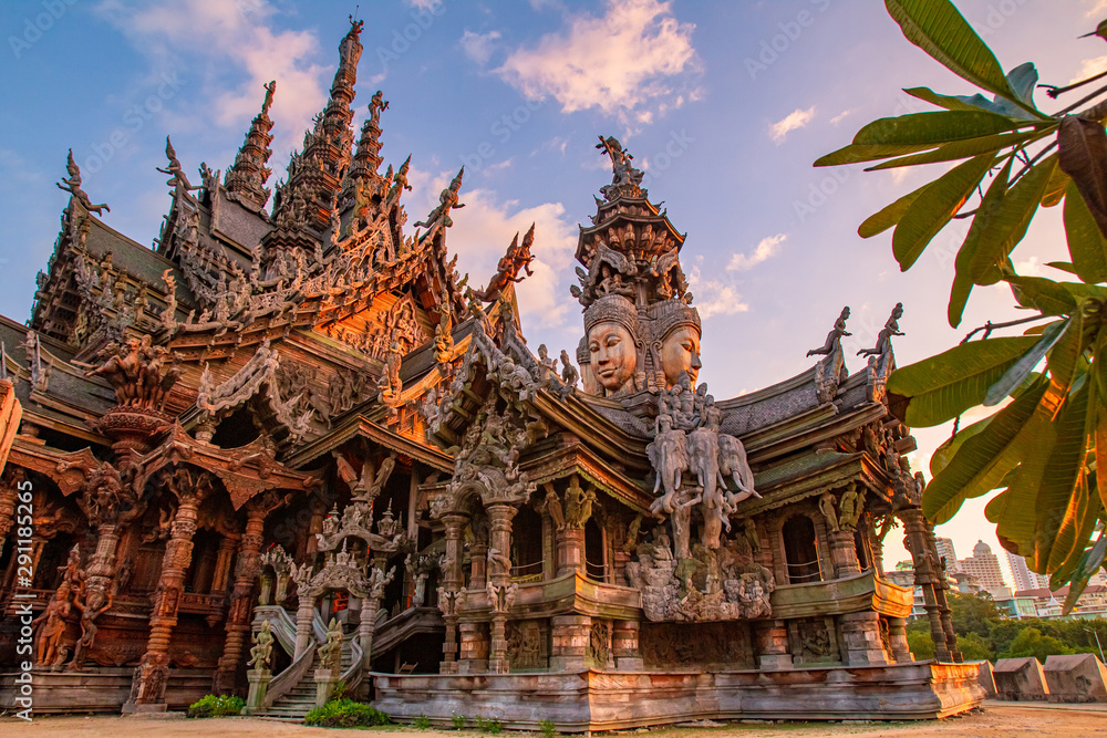 Thailand. Fragment of the Temple of truth in Pattaya. A huge wooden temple with carved decorations. Buddhist temple. Religious building in Pattaya. Tourist attraction of Thailand. Thailand. Fragment of the Temple of truth in Pattaya. A huge wooden temple with carved decorations. Buddhist temple. Religious building in Pattaya. Tourist attraction of Thailand.