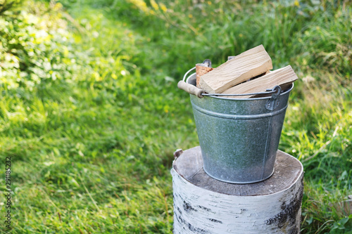 The bucketful of the firewood on the birchen log against a background green plant