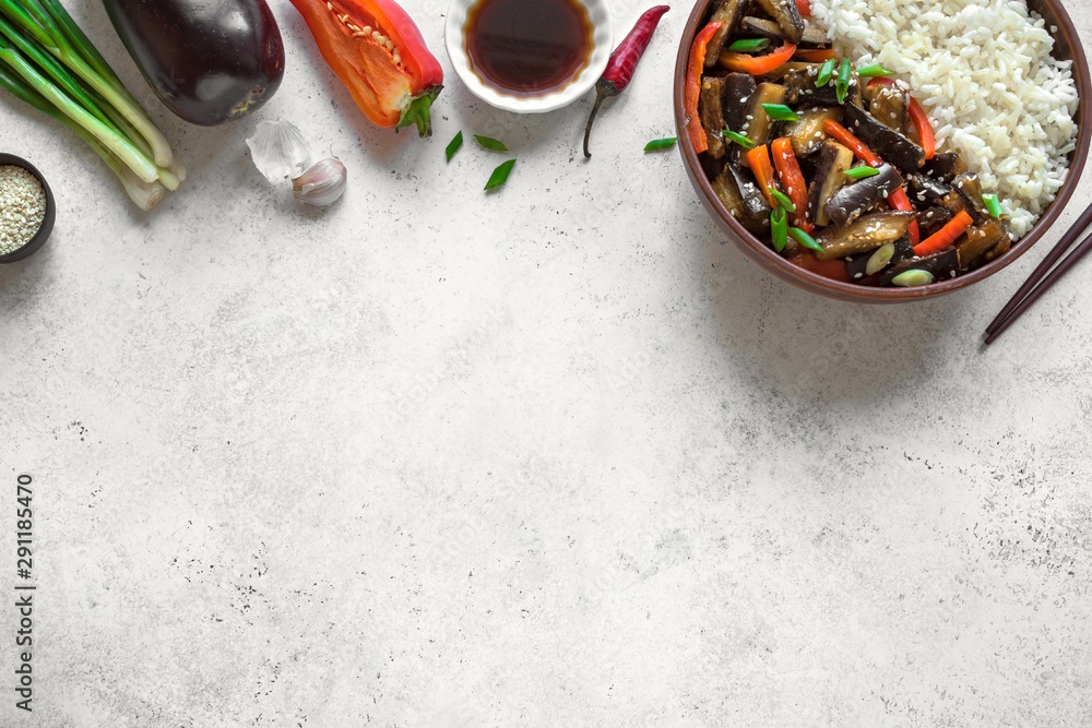Stir fried eggplant and bell pepper Stir fried eggplant and bell pepper
