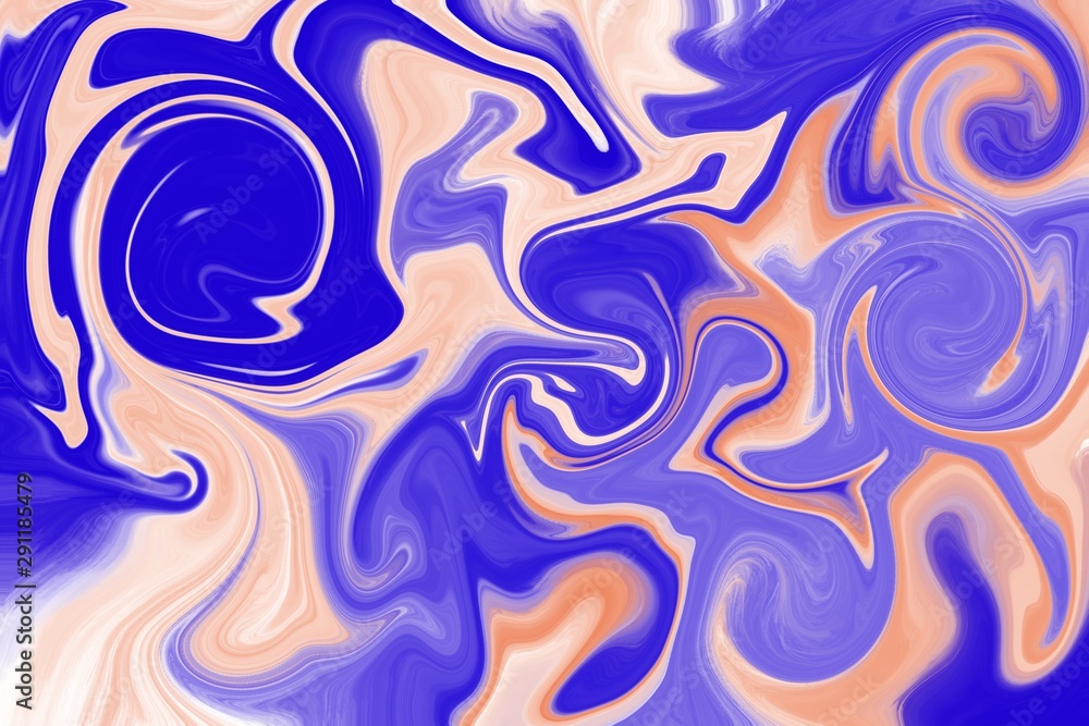 abstract marbled waves and whirls in blue and orange on a white background