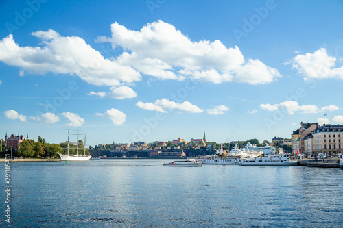 Marina in Stockholm, Sweden with ships and yachts.