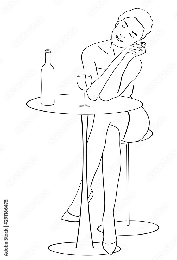 Lonely elegant young woman sitting at the table with a bottle of wine. Black contour hand drawn illustration. Vector clipart. Lonely elegant young woman sitting at the table with a bottle of wine. Black contour hand drawn illustration. Vector clipart.