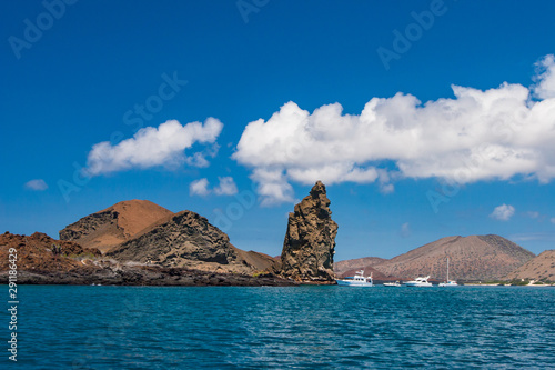 Galapagos. Travelling to Ecuador.Bartolome Island.Travelling to the Galapagos. Nature Of Ecuador. Boat trip. Islands in the Pacific ocean. View of the two beaches of Bartolome island. Picturesque rock