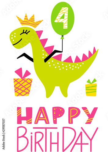 4th Birthday Dino Princess Party Print. Fouth Birthday Dinosaur Girl Clipart. Cute Happy Birthday Colorful Element for Kid. Hand Drawn Image for Greeting Cards  Clothes. Flat Vector Illustration.