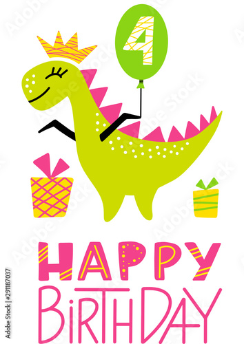 4th Birthday Dino Princess Party Print. Fouth Birthday Dinosaur Girl Clipart. Cute Happy Birthday Colorful Element for Kid. Hand Drawn Image for Greeting Cards, Clothes. Flat Vector Illustration.
