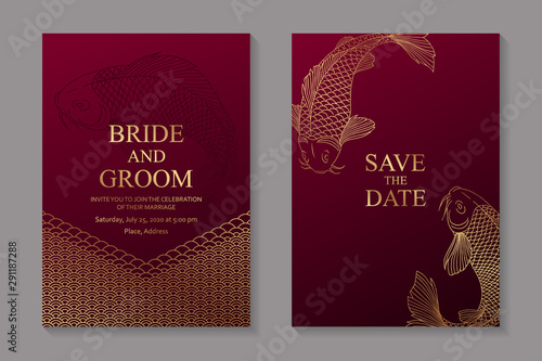 Set of luxury oriental wedding invitation design or greeting card templates with golden circles or scales and carps koi on a red background.