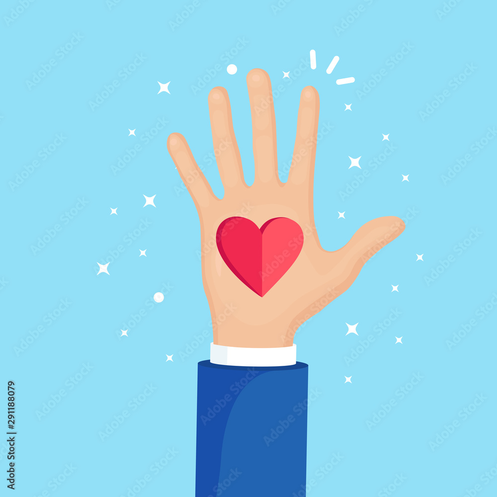 Obraz premium Raised hands with red heart. Volunteering, charity, donate blood concept. Thank for care. Vote of crowd. Vector flat design