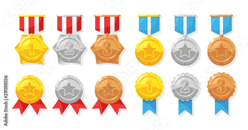 Set of gold, silver, bronze medal with star for first place. Trophy, award for winner isolated on white background. Golden badge with ribbon. Achievement, victory concept. Vector cartoon flat design