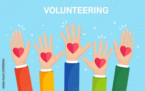 Raised hands with red heart. Volunteering, charity, donate blood concept. Thank for care. Vote of crowd. Vector flat design