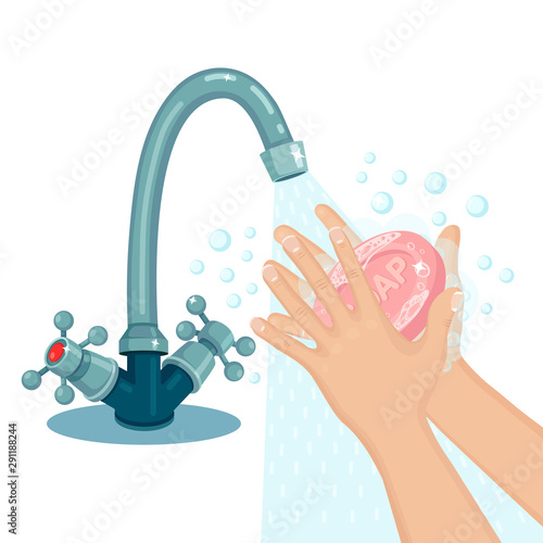 Washing hands with soap foam, scrub, gel bubbles. Water tap, faucet leak. Personal hygiene, daily routine concept. Clean body. Vector cartoon design