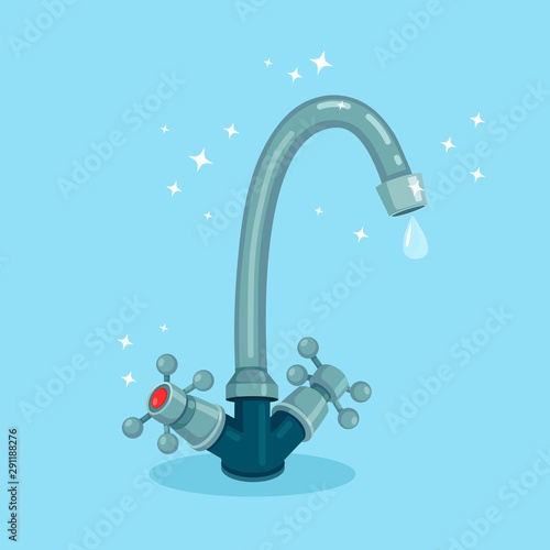 Water tap with drop isolated on background. Faucet drip, leak. Save environment concept. Vector cartoon design
