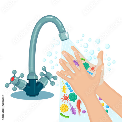Washing hands with soap foam, scrub, gel bubbles. Water tap, faucet leak. Get rid of germs, bacteria, microbes, virus.  Personal hygiene, daily routine concept. Clean body. Vector cartoon design