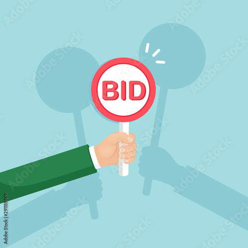 Businessman hold auction paddle in hand. Bidding, auction competition concept. People rise signs with BID inscriptions. Business trade process. Vector flat design