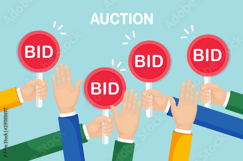 Businessman hold auction paddle in hand. Bidding, auction competition concept. People rise signs with BID inscriptions. Business trade process. Vector flat design