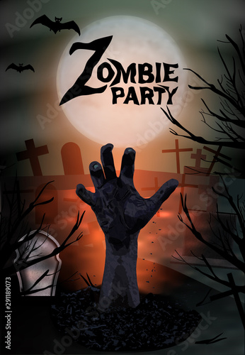 Zombie hand rising from the grave. Halloween party vertical background. Graveyard with tombstones and moon In spooky night. Vector
