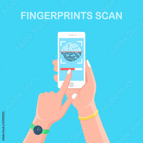 Scan fingerprint to mobile phone. Smartphone id security system. Digital signature concept. Biometric Identification technology, personal access. Vector flat design