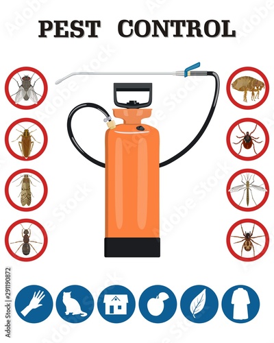 Insecticide bottle. Set of insect pests icons. Vector illustration