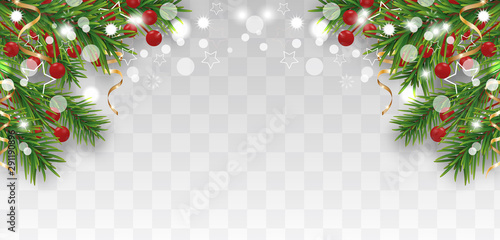 Christmas and Happy New Year border with Christmas tree branches and holly berries, golden ribbons and stars isolated on transparent background. Vector