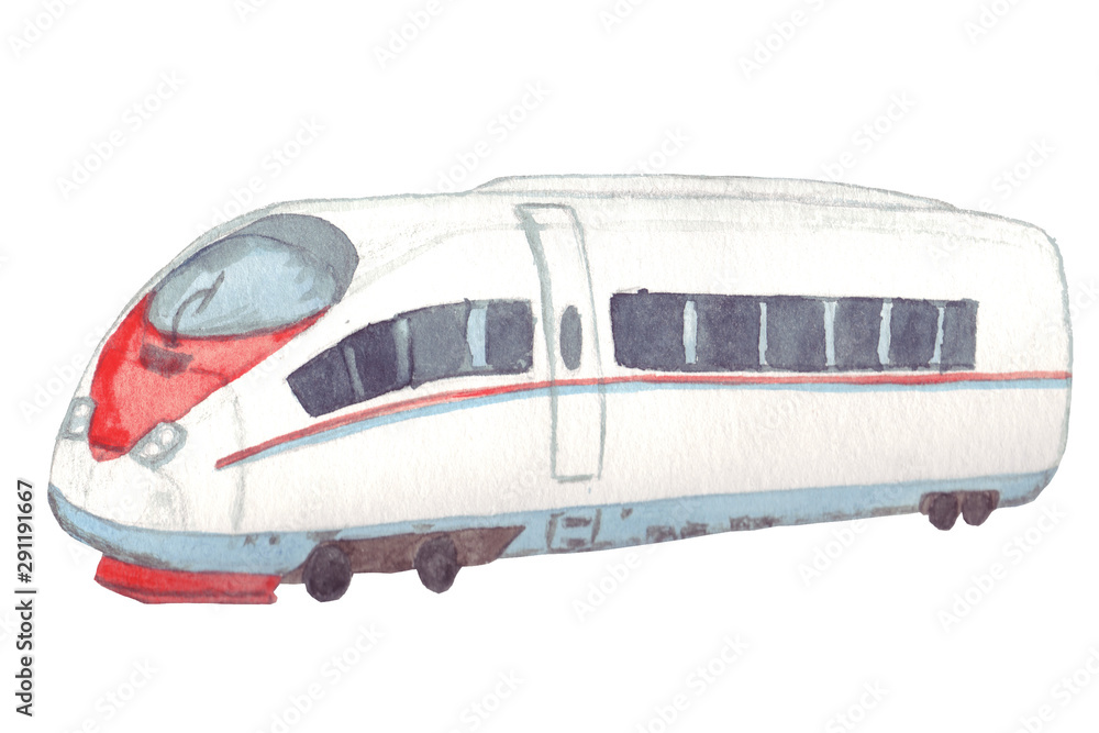 Sapsan is a high-speed white train running between Moscow and St. Petersburg. Watercolor hand drawn illustration