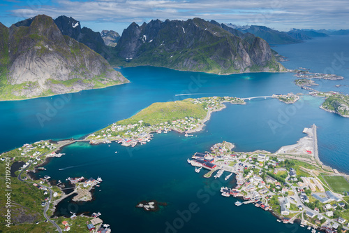 Aerial view of Reine fishing village in Lofoten Island, Norway