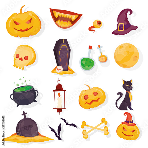 Modern vector ilustration of Happy Halloween design elements. Set of of colorful Halloween design elements. Pumkin, vampire, skull, hat, cat, moon isolated on white background for stickers, labels